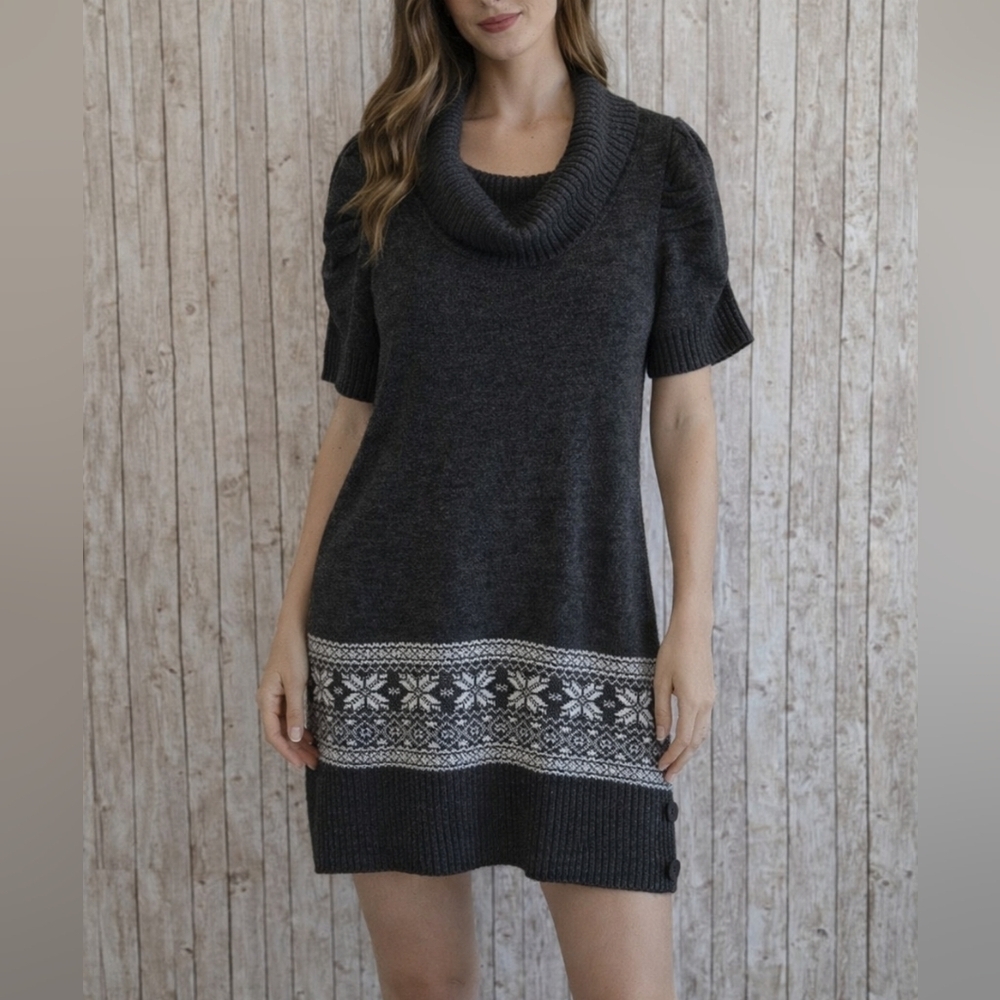 Women's AB Studio Gray Cowl Neck Fair Isle Sweater Tunic Size S